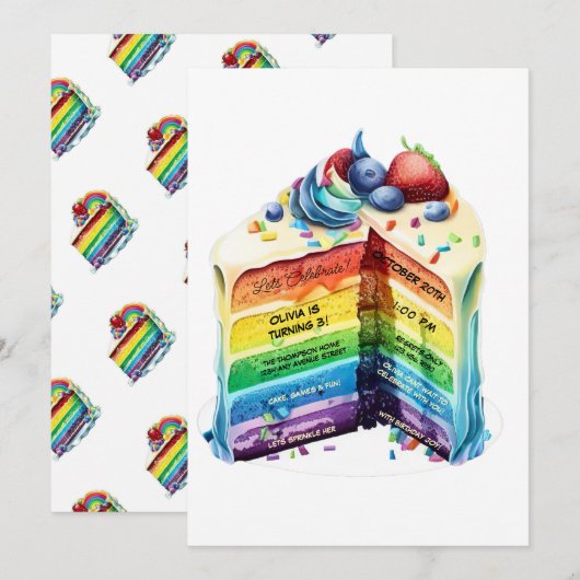 Niedliche Rainbow Birthday Cake Einladung (Vorne/Hinten)