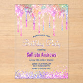 Niedliche Rainbow-Einhorn-Glitzer-Tropfen Geburtst Acryleinladungen (Vorderseite)