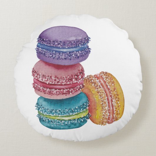 Niedliche Rainbow-Macaroons in Aquarellkissen Rundes Kissen (Vorderseite)