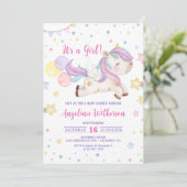 Niedliche Rainbow Unicorn Girl Baby Dusche Einladu Einladung (Stehend Vorderseite)