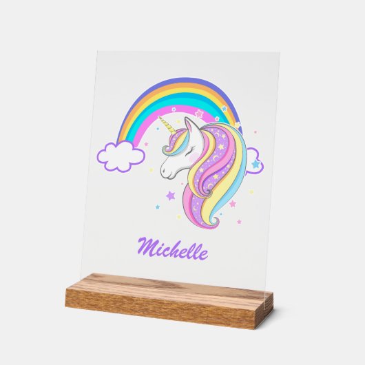 Niedliche Rainbow Unicorn Girl Script Name Whimsic Acrylschild (Winkel)