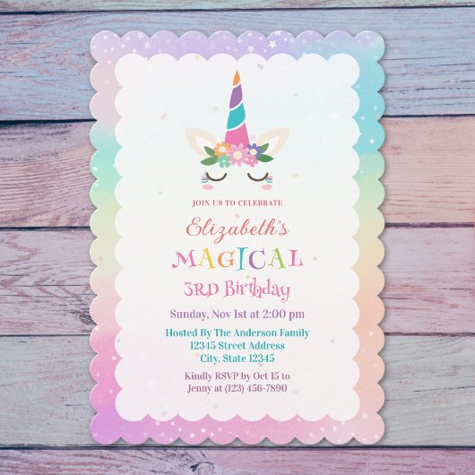 Niedliche Rainbow Unicorn Magical Birthday Party Einladung