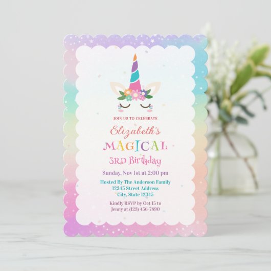 Niedliche Rainbow Unicorn Magical Birthday Party Einladung (Stehend Vorderseite)