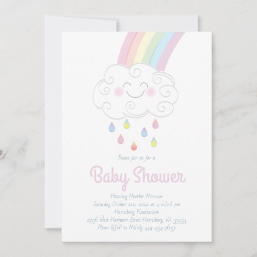 Niedliche Raindrops Cloud Rainbow Pastel Babydusch Einladung (Vorderseite)