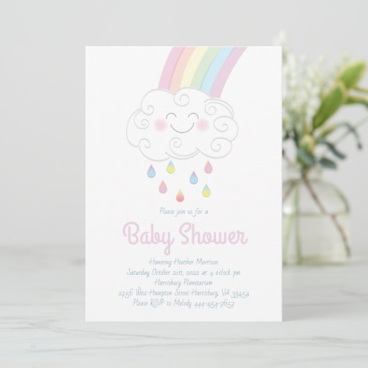 Niedliche Raindrops Cloud Rainbow Pastel Babydusch Einladung (Stehend Vorderseite)