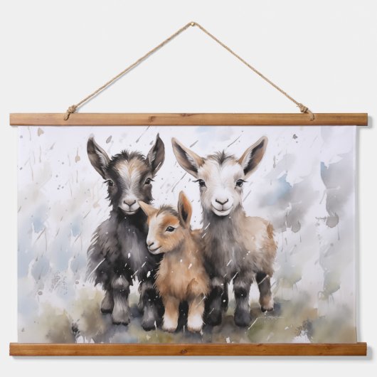 Niedliche Rainy-Day-Ziegen Wandteppich Mit Holzrahmen (Vorderseite)