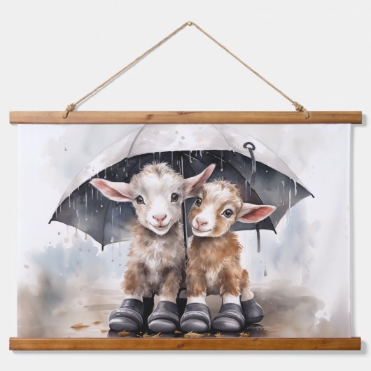 Niedliche Rainy-Day-Ziegen Wandteppich Mit Holzrahmen (Vorderseite 2)