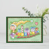 Niedliche Raupe-Schulung mit Geschenkartikeln Feiertagskarte (Stehend Vorderseite)