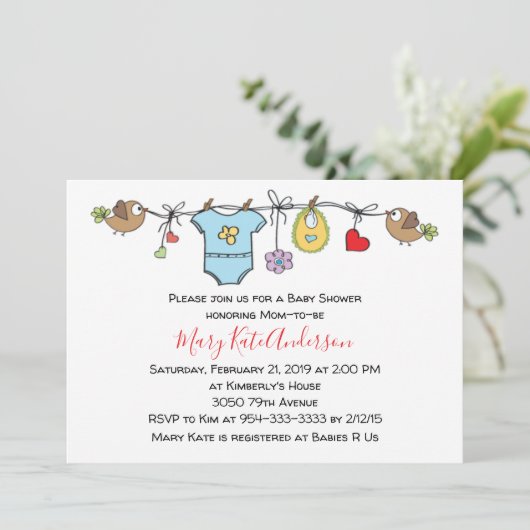 Niedliche Red Clothes Line Gender Neutral BABY SHO Einladung (Stehend Vorderseite)