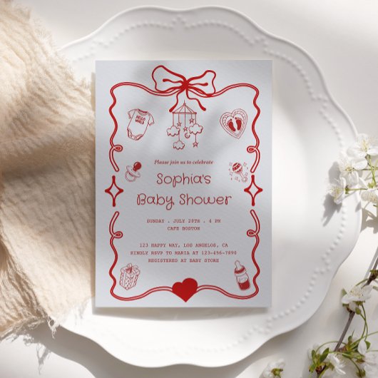 Niedliche Red & Gray Baby Dusche für Mädchen oder  Einladung