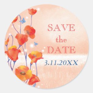 Niedliche Red Poppies Wedding speichern das Datum Runder Aufkleber