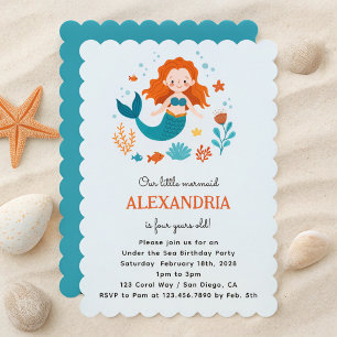 Niedliche Redhead Mermaid Kids Girl Geburtstagspar Einladung