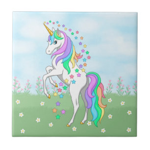 Niedliche Regenbogen Einhorn Farbige Sterne & Blum Fliese
