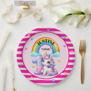Niedliche Regenbogen und Einhorn 1. Geburtstag Pappteller