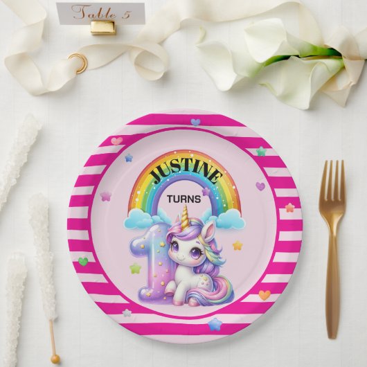 Niedliche Regenbogen und Einhorn 1. Geburtstag Pappteller (Hochzeit)