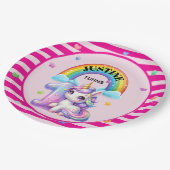 Niedliche Regenbogen und Einhorn 1. Geburtstag Pappteller (Schrägansicht)