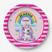Niedliche Regenbogen und Einhorn 1. Geburtstag Pappteller (Vorderseite)