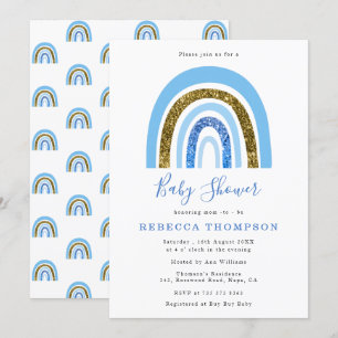 Niedliche Regenbogendusche aus Gold und Blue Glitz Einladung