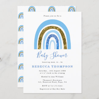 Niedliche Regenbogendusche aus Gold und Blue Glitz Einladung