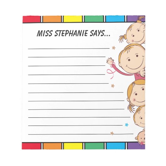 Niedliche Regenbogenkinder Waving Lined Teacher Na Notizblock (Vorderseite)
