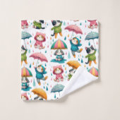 Niedliche Regenkatzen und Hunde mit Regenschirmen Badhandtuch Set (Waschlappen)