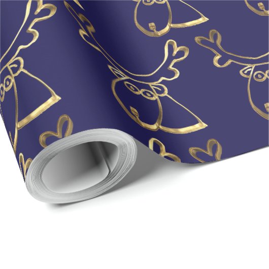 Niedliche Rentier Muster Imitate Gold Blue Weihnac Geschenkpapier (Rolleneckpunkt)
