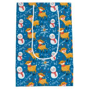 Niedliche Rentier und Snowman Blue Mittlere Geschenktüte