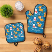 Niedliche Rentier und Snowman Blue Ofenhandschuh & Topflappen-Set (Oben Unten)