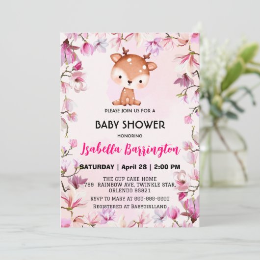 Niedliche Rentiere Blume Kinderduschen Einladung (Stehend Vorderseite)