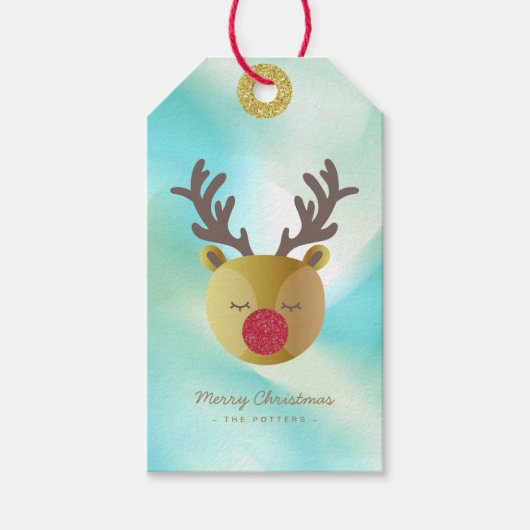Niedliche Rentiere | Grüne Pastel und Gold Geschenkanhänger (Vorderseite)