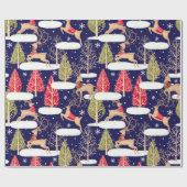 Niedliche Rentiere Weihnachtsbäume blau Geschenkpapier (Flach)