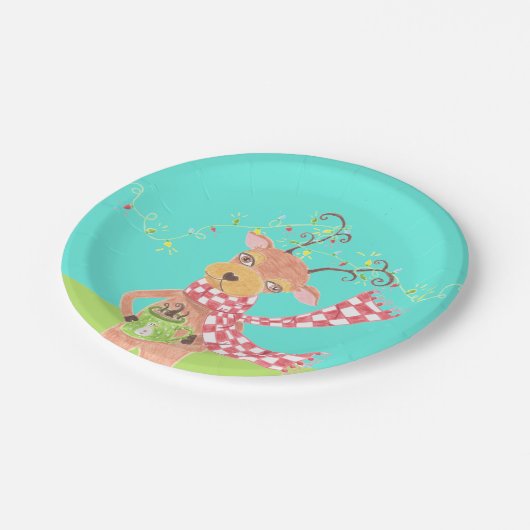 Niedliche Rentierweihnachtszettel-Teller Pappteller (Schrägansicht)