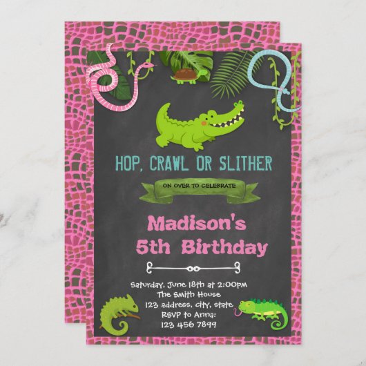 Niedliche Reptilien-Party Einladung (Vorne/Hinten)