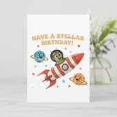 Niedliche Retro-Alien auf dem Raketenschiff | Stel Einladung (Stehend Vorderseite)