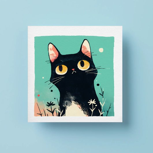 Niedliche Retro Black Cat auf blauem Hintergrund Quadratischer Aufkleber