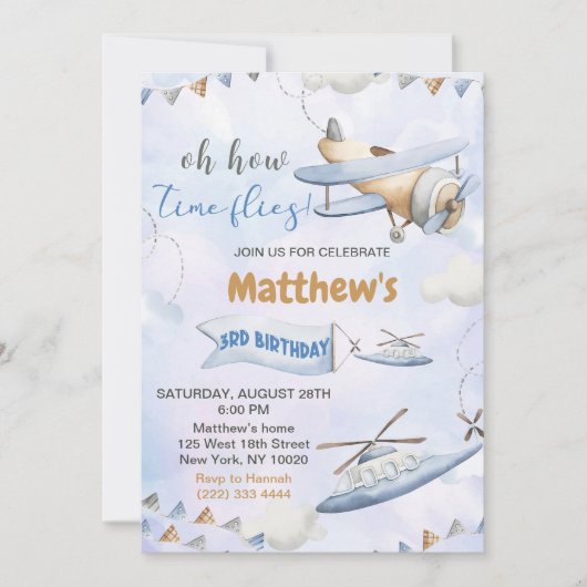 Niedliche Retro Blue Airplane Time Fliegt 3. Gebur Einladung (Vorderseite)