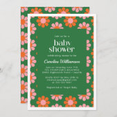 Niedliche Retro-Blume Grüne Rosa Kinderdusche Einladung (Vorne/Hinten)