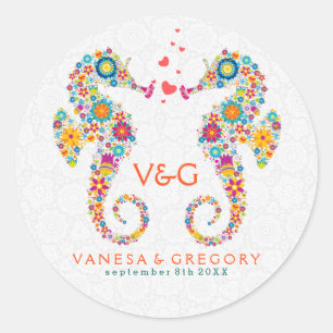 Niedliche Retro-Blume Liebe Seepferde Runder Aufkleber