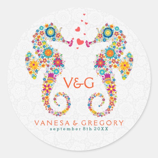 Niedliche Retro-Blume Liebe Seepferde Runder Aufkleber (Vorderseite)