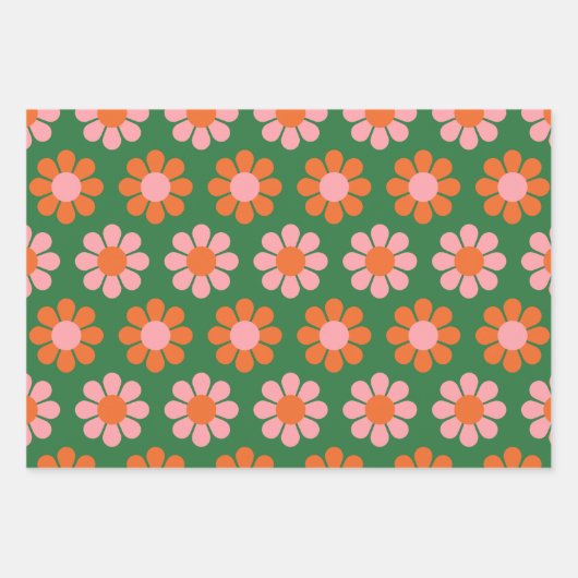 Niedliche Retro-Blume-Muster grün und rosa Geschenkpapier Set (Vorderseite)
