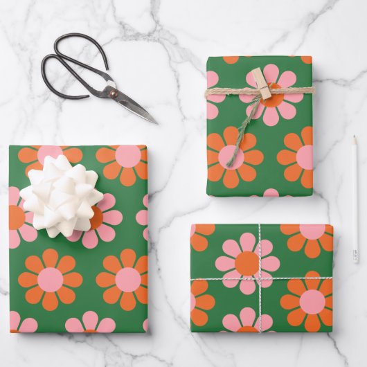 Niedliche Retro-Blume-Muster grün und rosa Geschenkpapier Set (Vorderseite)