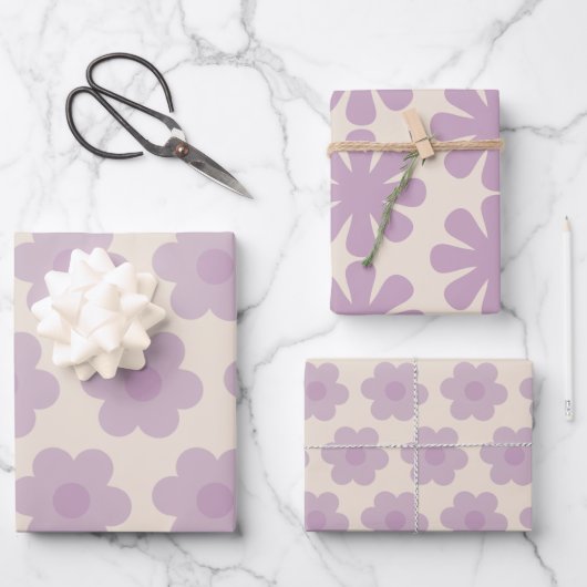 Niedliche Retro-Blume Muster in Pastel Lilac Lila Geschenkpapier Set (Vorderseite)
