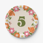 Niedliche Retro-Blüte 5 | Mädchen 5. Geburtstag Pappteller (Vorderseite)