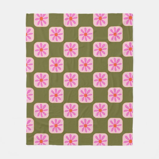 Niedliche Retro Boho Checkerboard-Blume grün rosa Fleecedecke (Vorderseite)