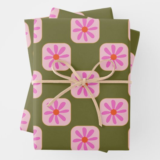 Niedliche Retro Boho Checkerboard-Blume grün rosa Geschenkpapier Set (Beispiel)