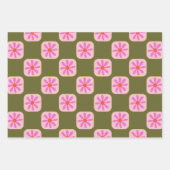 Niedliche Retro Boho Checkerboard-Blume grün rosa Geschenkpapier Set (Vorderseite)
