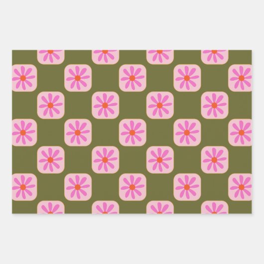 Niedliche Retro Boho Checkerboard-Blume grün rosa Geschenkpapier Set (Vorderseite)