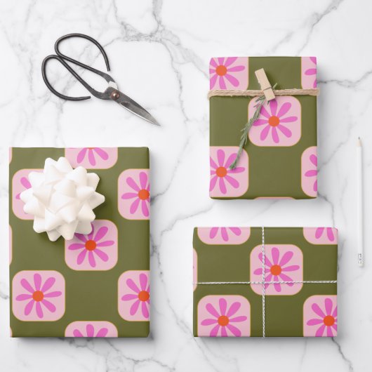 Niedliche Retro Boho Checkerboard-Blume grün rosa Geschenkpapier Set (Vorderseite)