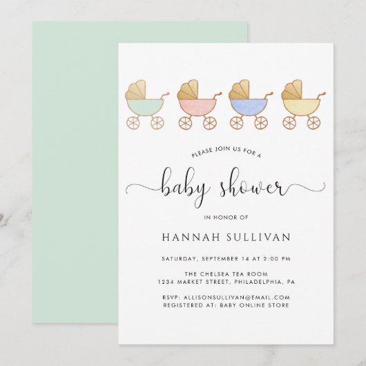 Niedliche Retro-Carriages Minimale Babydusche Einladung (Vorne/Hinten)