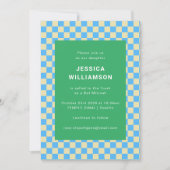 Niedliche Retro-Checkerboard Blue Green Bat Mitzva Einladung (Vorderseite)